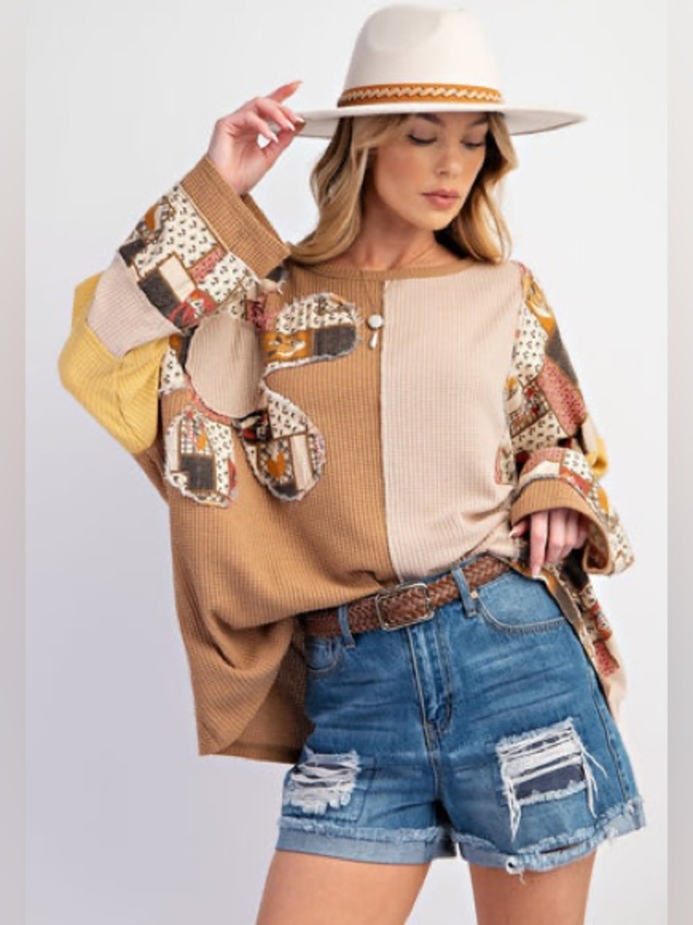 Easel Flower Patchwork waffle knit boho colorblock Long Sleeve Top Camel, Beige